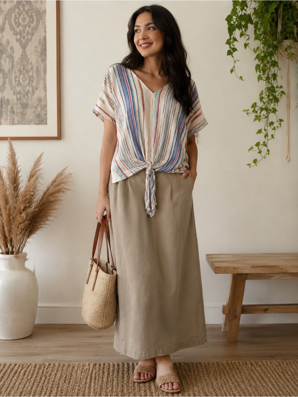 Tie Front Top & Vintage Maxi Skirt Bundle for Women
